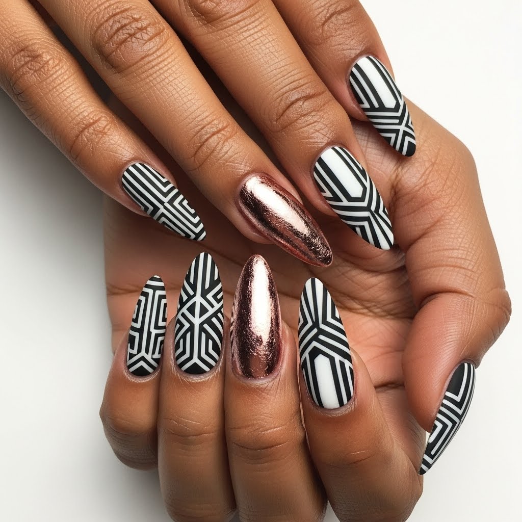 Intricate geometric nail art at L & L nail salon in Brooklyn