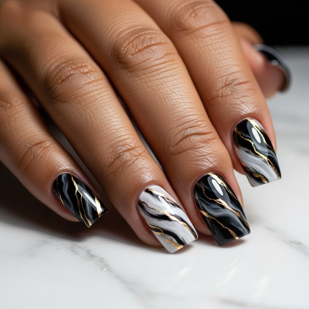Marble and gold nail art at L & L nail salon in Brooklyn