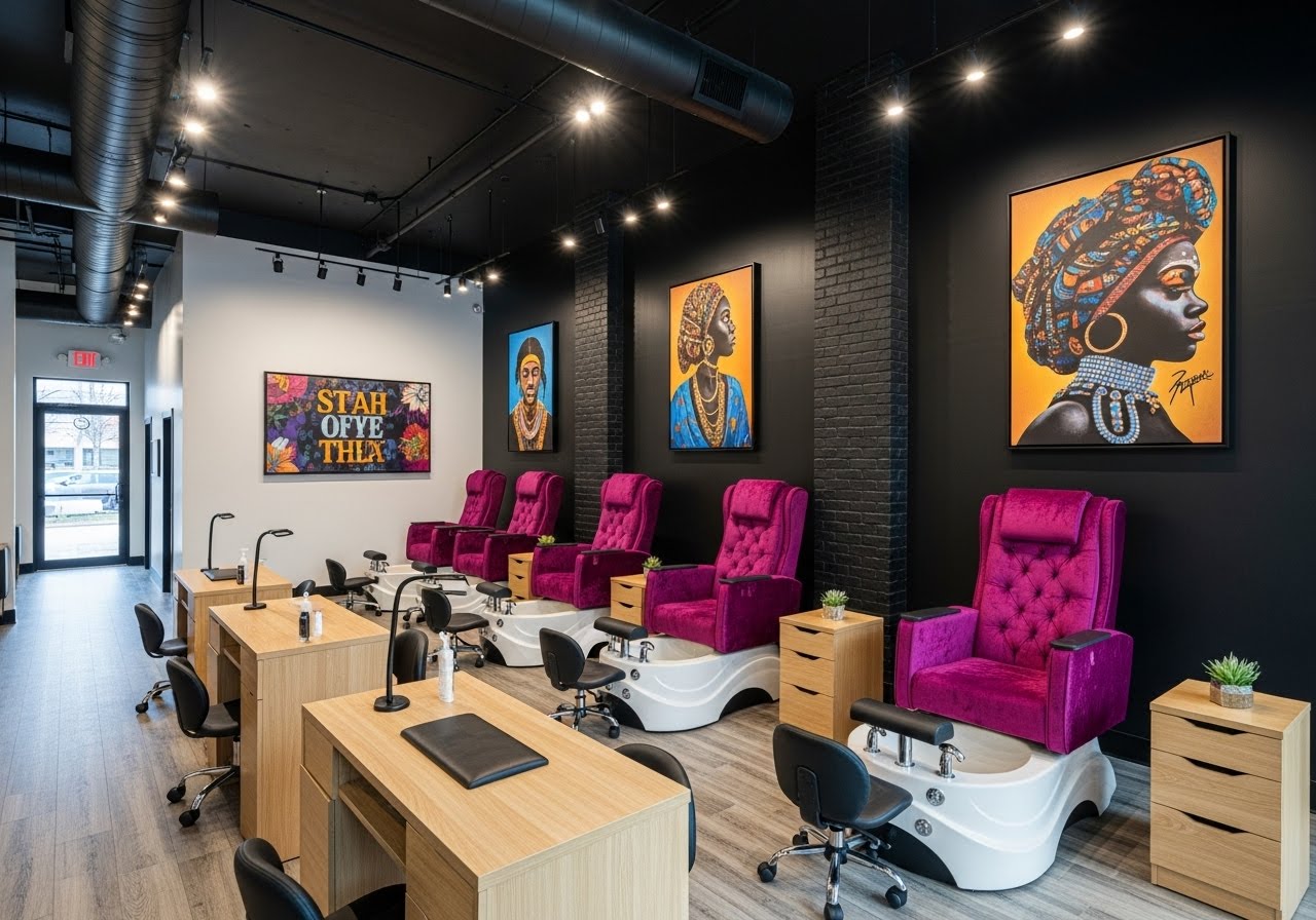 Modern nail salon interior at L & L Beauty Salon in Brooklyn